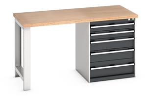 Bott Cubio Pedestal Bench with Multiplex Top & 5 Drawers - 1500mm Wide  x 750mm Deep x 840mm High. Workbench consists of the following components for easy self assembly:... 840mm High Benches